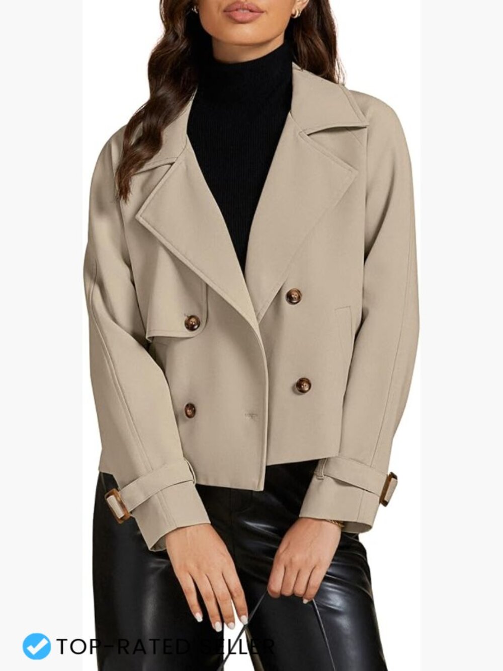 Cropped Trench Coat Womens Double Breasted Notched Lapel Loose Fit Casual Jacket